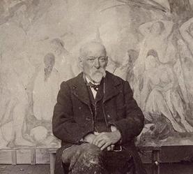 Paul Cézanne in the front his painting <i>The Bathers</i>