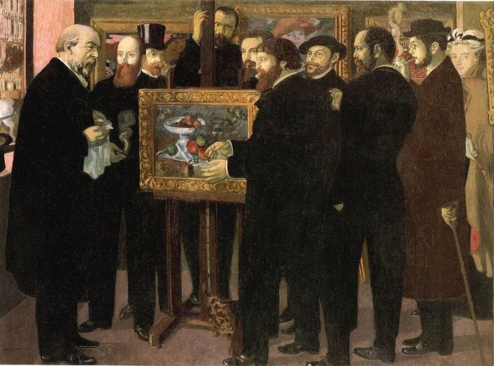 The painting <i>Homage to Cézanne</i> (1900) by Maurice Denis. From left: Odilon Redon, Édouard Vuillard, critic Andre Mellario, dealer Ambraise Vollard, Maurice Denis, and Paul Serusier, Paul Ranson, Ker-Xavier Roussel, Pierre Bonnard, and Marthe Denis